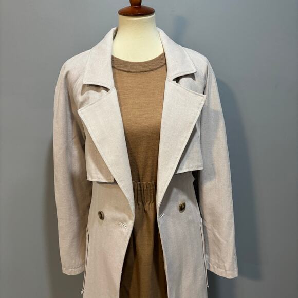 EXPRESS Cream/White Herringbone Light-weight Full Length Coat w/Belt, Sz Large - Picture 1 of 11